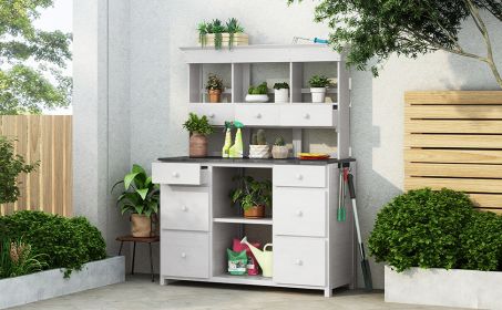 [Video Provided] TOPMAX Garden Potting Bench Table, Rustic and Sleek Design with Multiple Drawers and Shelves for Storage, White and Gray