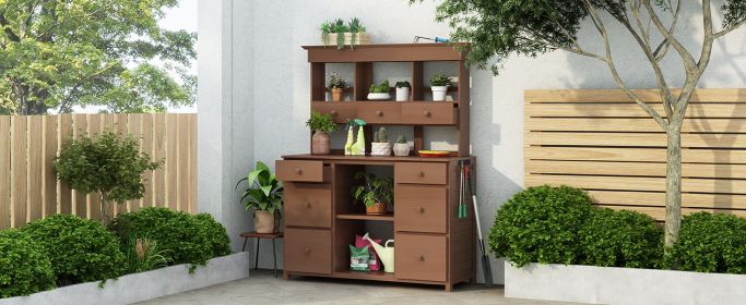 [Video Provided] TOPMAX Garden Potting Bench Table, Rustic and Sleek Design with Multiple Drawers and Shelves for Storage, Brown