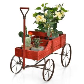 Wooden Wagon Plant Bed with Metal Wheels for Garden Yard Patio (Color: Red)