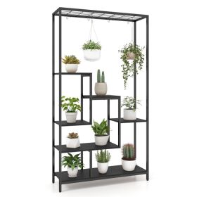 6-Tier Tall Plant Stand 71" Metal Indoor Plant Shelf with 10 Hanging Hooks (Color: black)