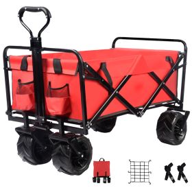 Collapsible Heavy Duty Beach Wagon Cart Outdoor Folding Utility Camping Garden Beach Cart with Universal Wheels Adjustable Handle Shopping (Red) (Color: Red)