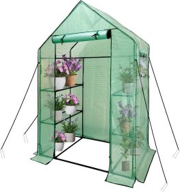 Walk In Greenhouse With Shelves,Walk-In Plant Green House With Durable Green PE Cover, 3 Tiers 6 Shelves Stands with Ground Pegs & Ropes for Stability (Style: Walk-in)